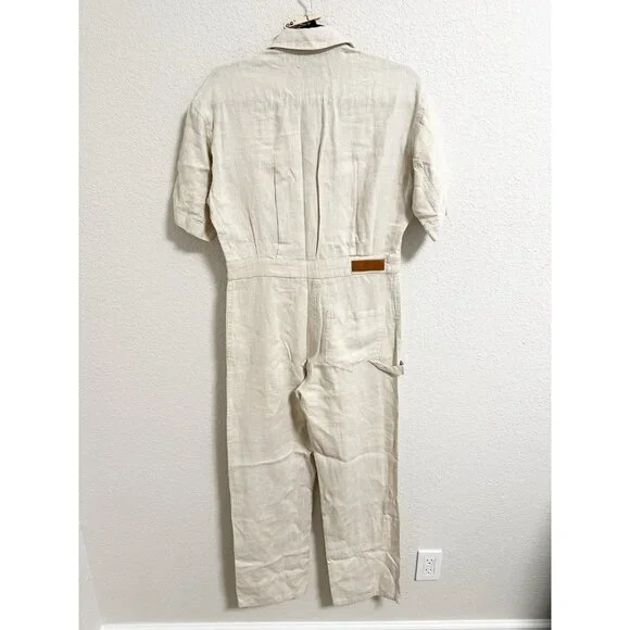 Rivet Utility Womens Dynamo Linen Jumpsuit Mid Weight Short Sleeve Ecru Small